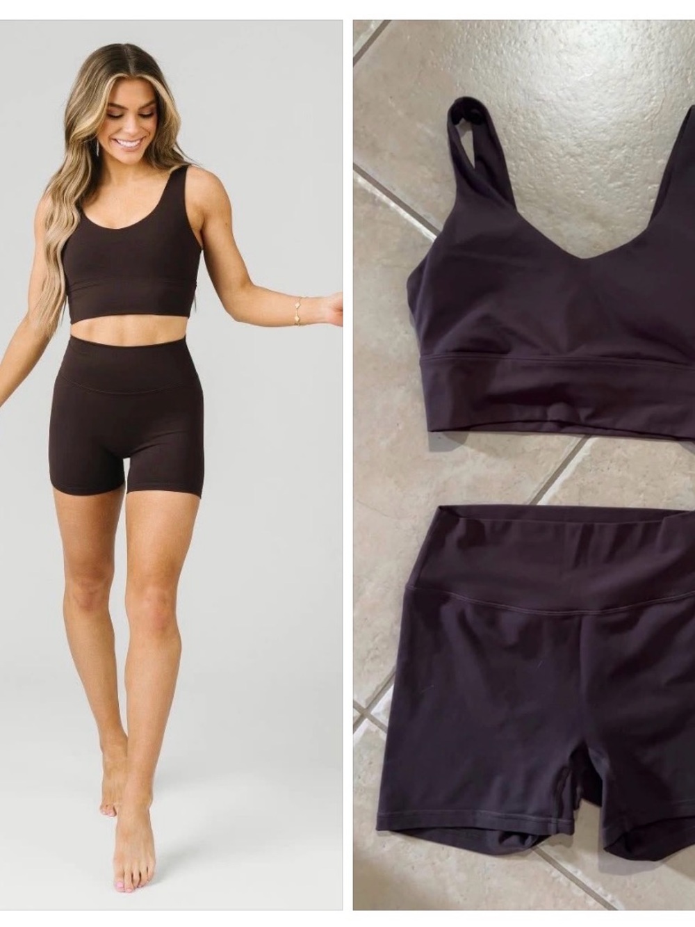 ZYIA Brown Seamless Crop Sports Bra & High-Waist Bike Shorts